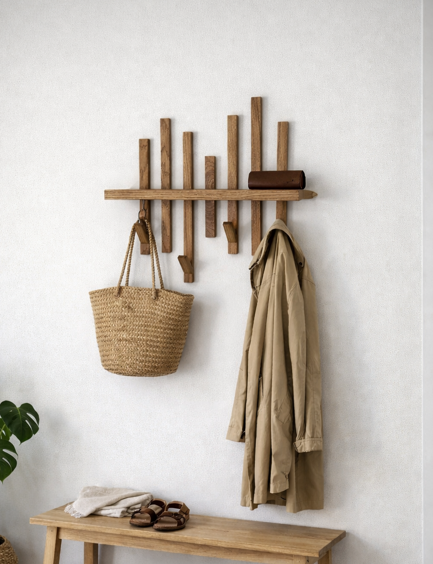 Etagère murale en chêne avec porte manteaux